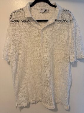 Mens Lace Button-Up Shirt - White